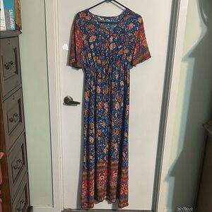 Bohemian Floral Maxi Dress in Blue and Orange